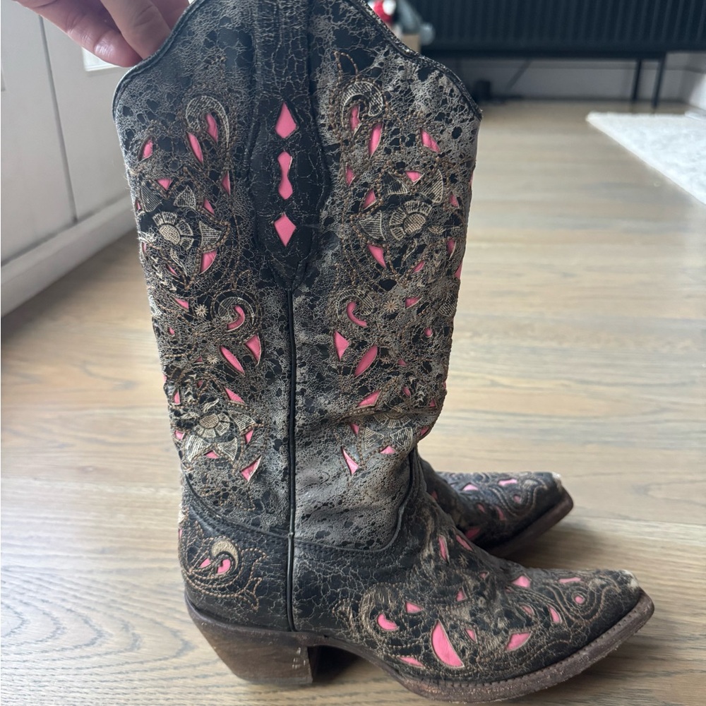 Corral Pink and Brown Heeled Boots with Floral Embroidery